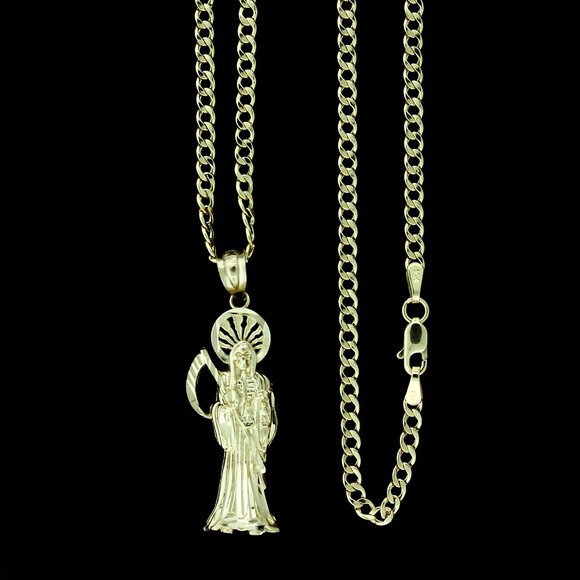 10K Real Gold Cuban Link Chain and Santa Muerte Grim Reaper Pendant Set - Picture 1 of 10